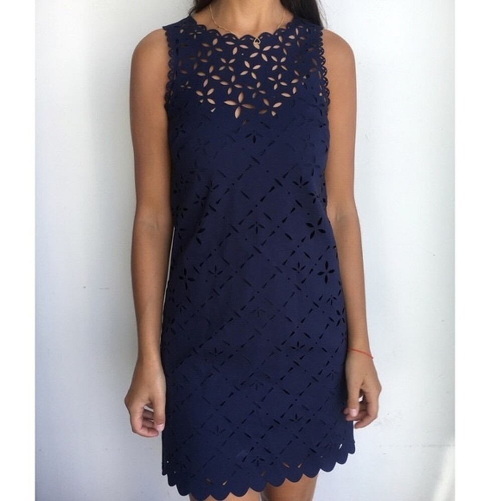 J.Crew Laser Cut Floral Navy Blue Sleeveless Shift Scallop Dress Size 4